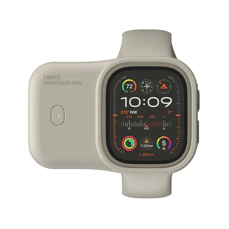 Apple Watch portable charging case power bank in brown, midnight blue, or starlight colour with silicone protection case.