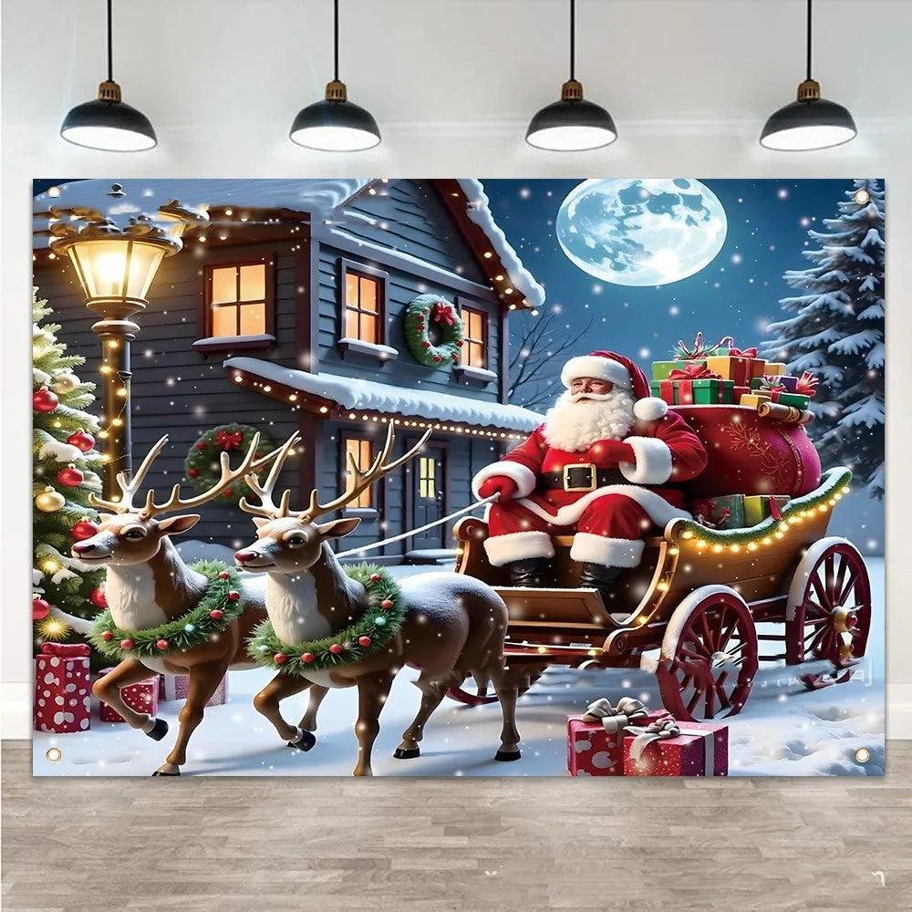 Santa Claus Christmas banner measuring 210 cm wide by 150 cm high on polyester fabric