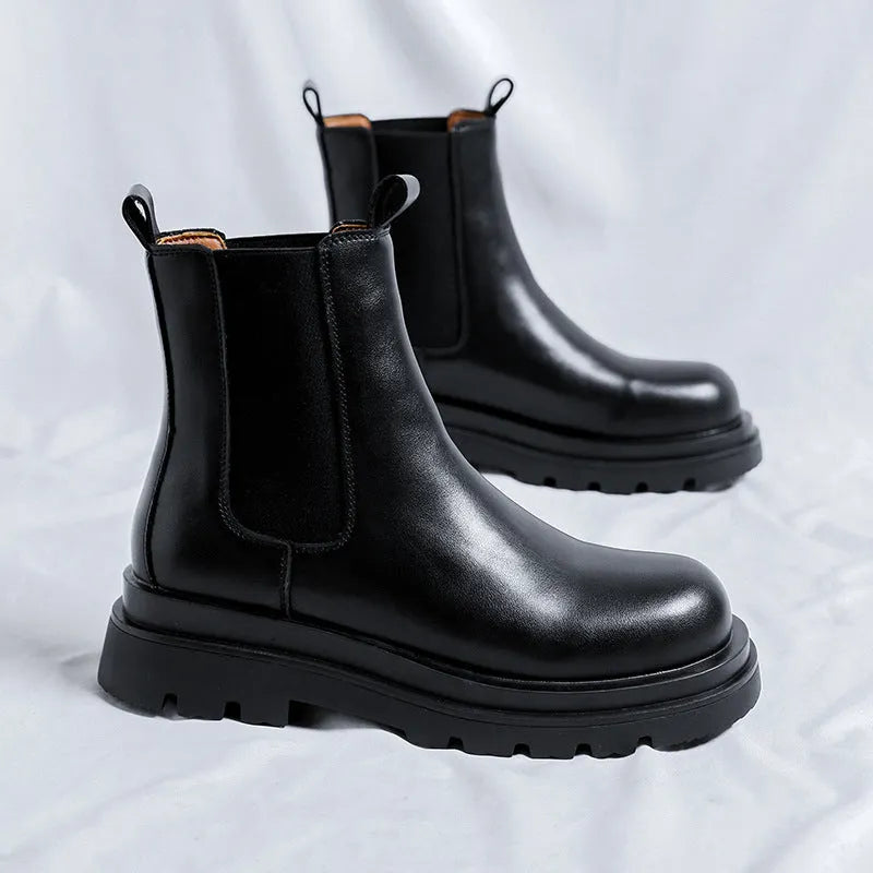 Chelsea men's high-top smoke pipe British Martin boots in Y666 black artificial PU leather with round toe and rubber sole.