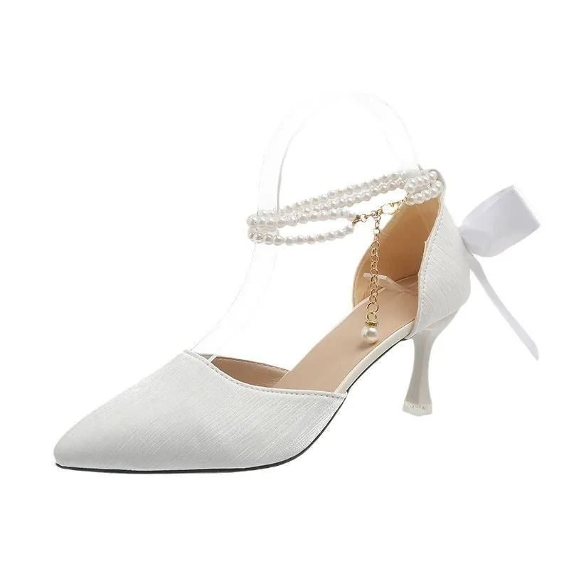 Fairy style bow high heels in apricot colour with mid wine glass heel and open toe, sizes 34-40