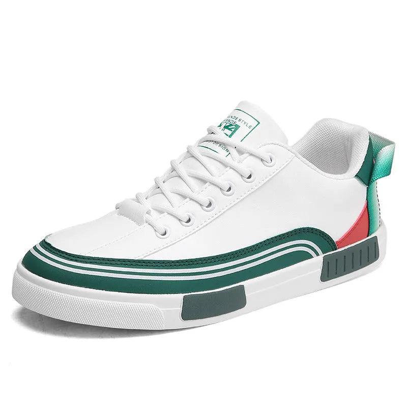 Men's white and green canvas casual shoes with mesh ventilation panels and round toe flat heel design