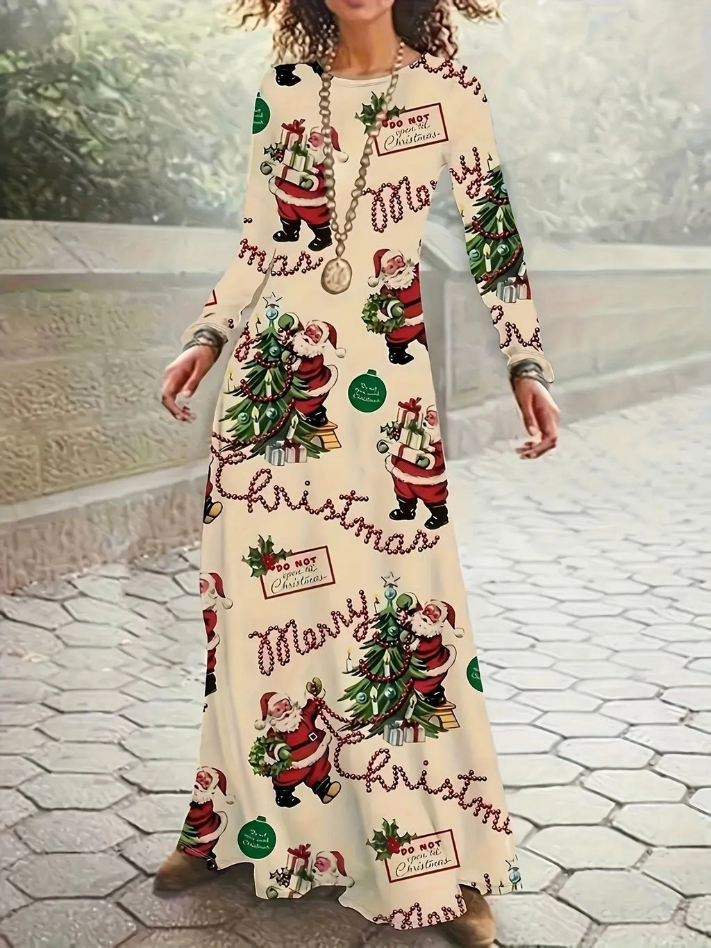 Santa Claus printed round neck long sleeve dress with leather stitching in polyester, available in beige, size M