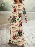 Santa Claus printed round neck long sleeve dress with leather stitching in polyester, available in beige, size M