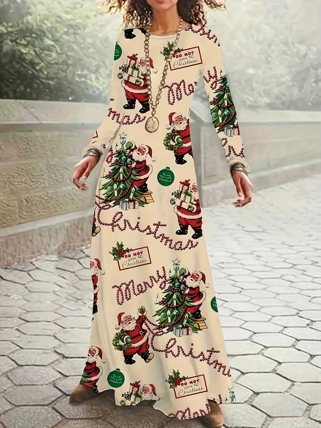Santa Claus printed round neck long sleeve dress with leather stitching in polyester, available in beige, size M