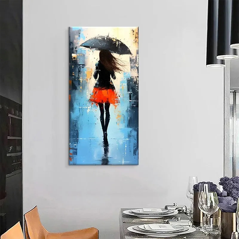 Hand painted abstract oil painting of people walking in rain on canvas, living room wall art, no frame, vertical size