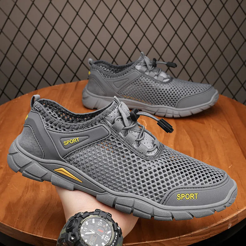 Men's leather mesh breathable outdoor casual sandals in black with flat heel and round toe