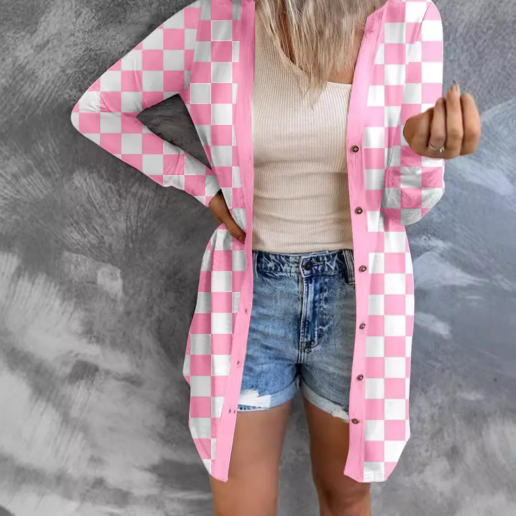 Women's long plaid knitted cardigan coat in polyester available in multiple colours and sizes