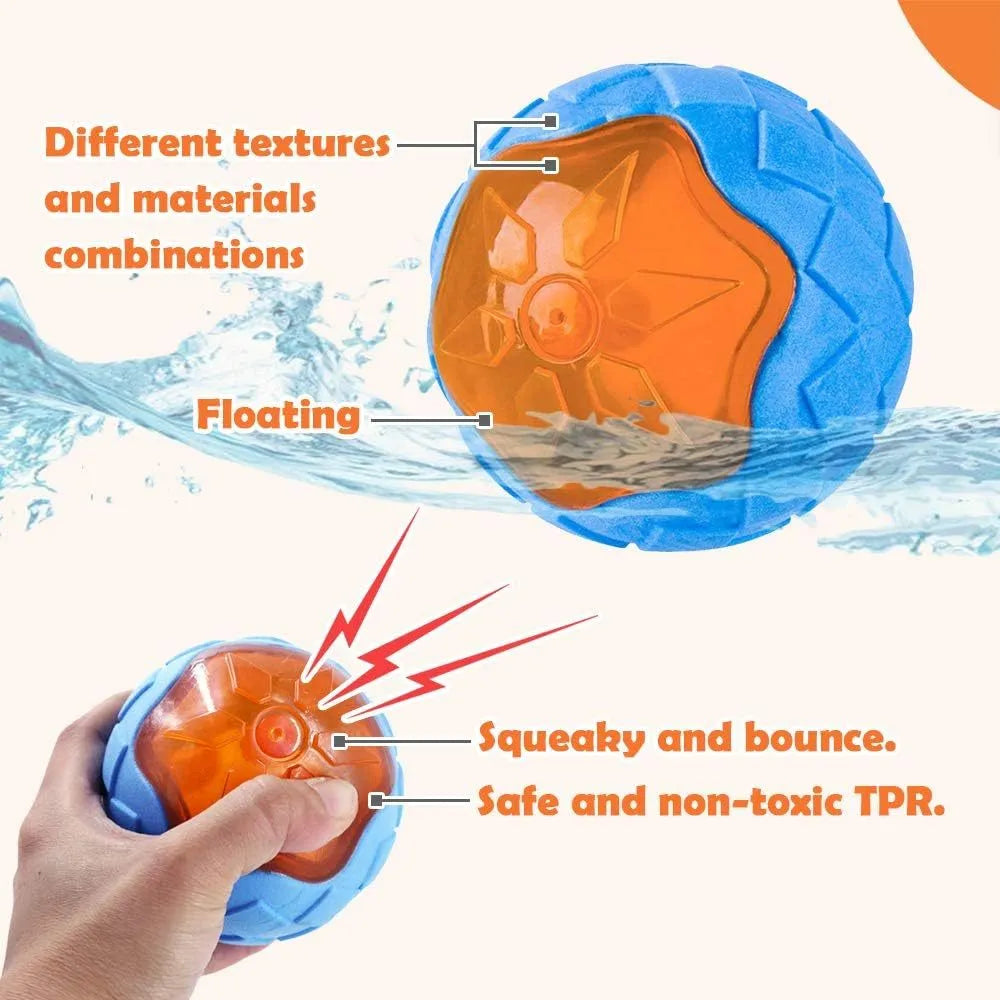 Three TPR dog toys - ball, barbell, and tires - with textured surfaces for teeth cleaning and floating capability