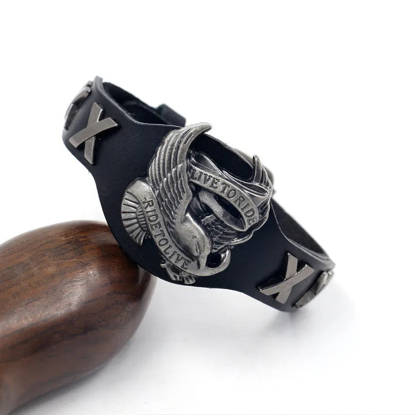 Black leather alloy eagle watch-band bracelet with geometric patterning