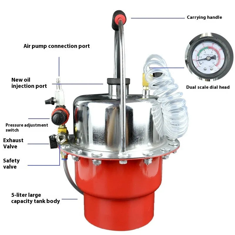 Pneumatic brake fluid replacement machine with pressure gauge and regulator, 49x30x42cm steel frame, 10 litre tank capacity