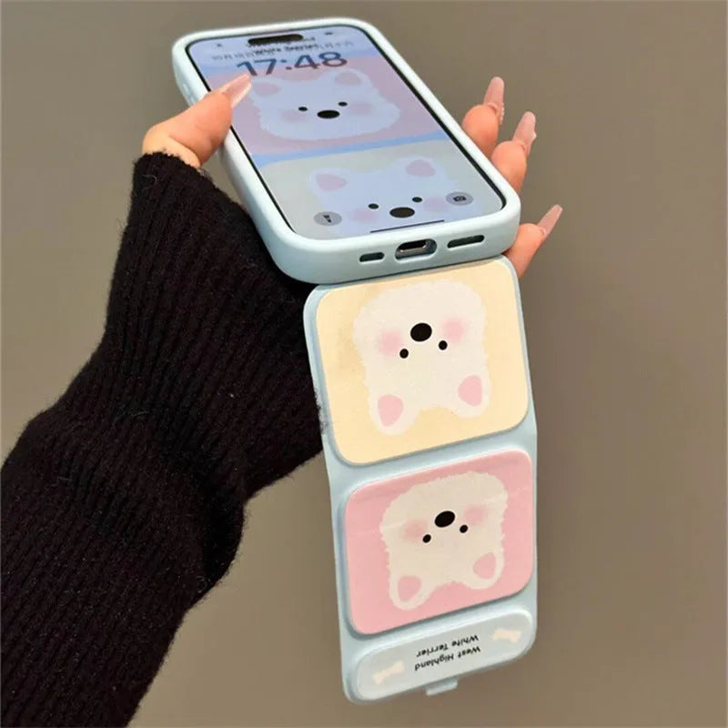 White TPU phone case with cartoon blush West Highland design and folding bracket