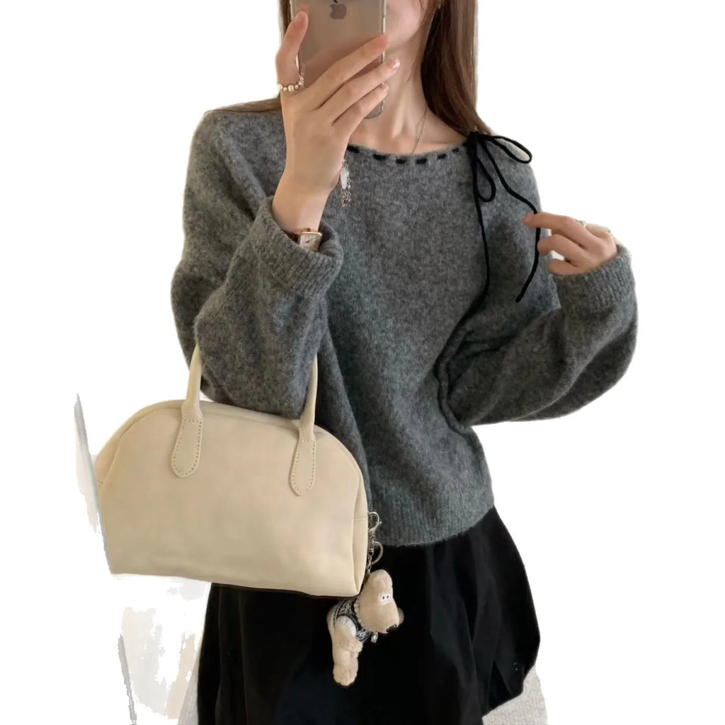 Women's grey loose fit V-neck knitwear pullover jumper on hanger