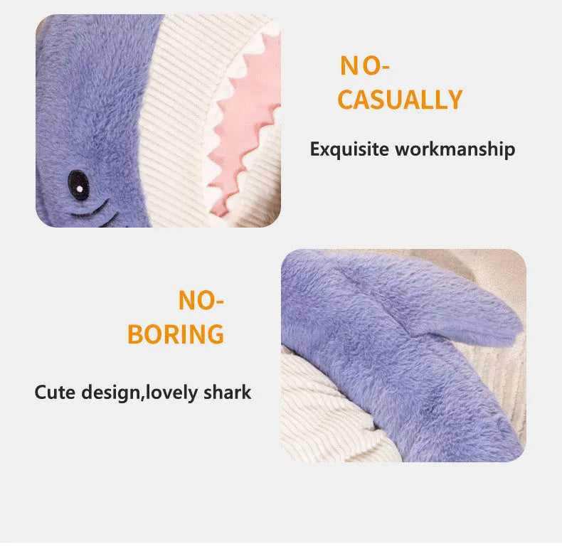 Blue shark pattern velvet pet bed cushion with non-slip base for small medium dogs