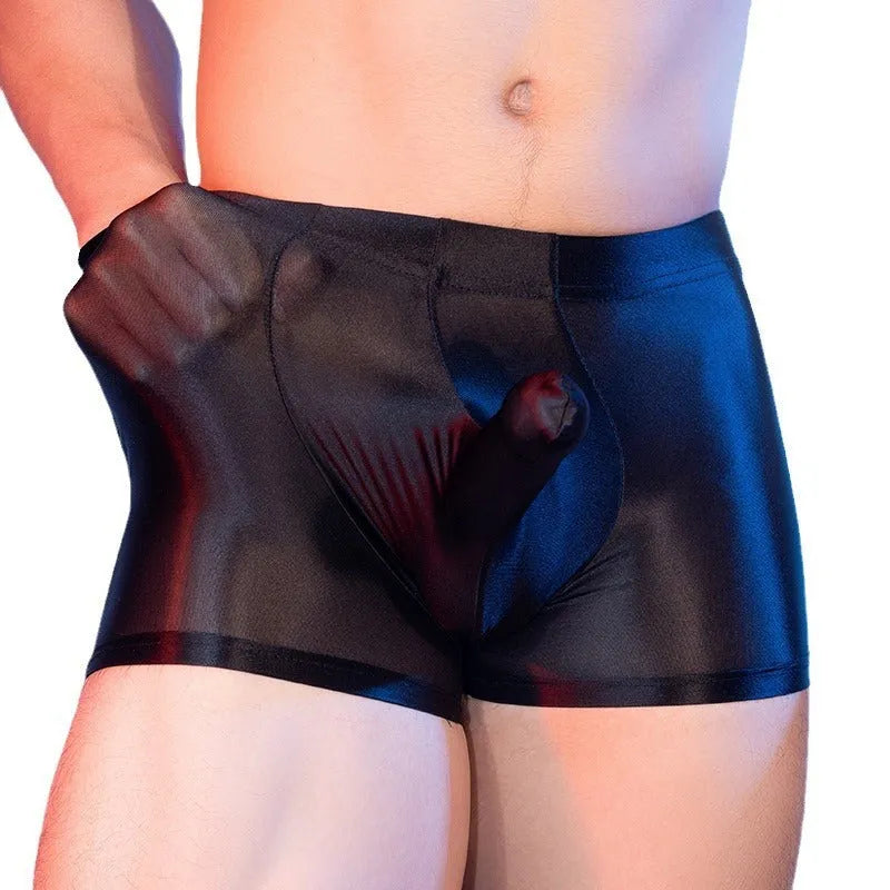 Men's red boxer shorts with an elephant nose design, made from breathable nylon fabric.