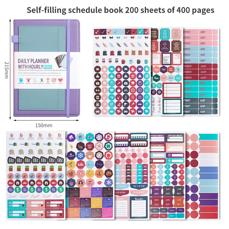 No-date planner notebook with PU cover in multiple colour options showing thread binding and planning stickers