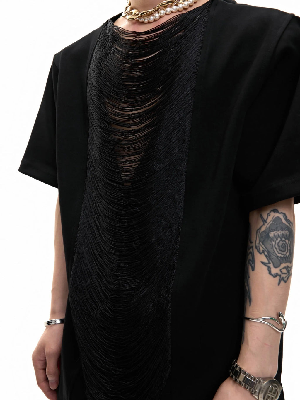 Black loose fit men's V-neck polyester T-shirt with short sleeves and tassel detailing
