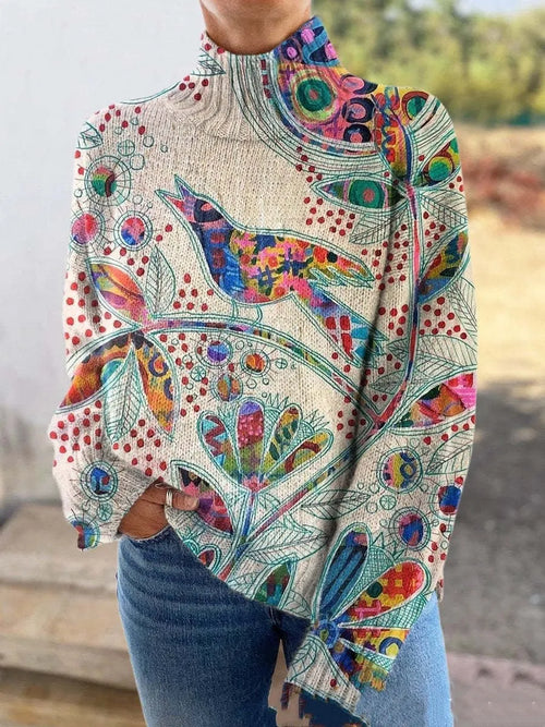 3D floral print high neck long sleeve pullover sweater polyester wool blend