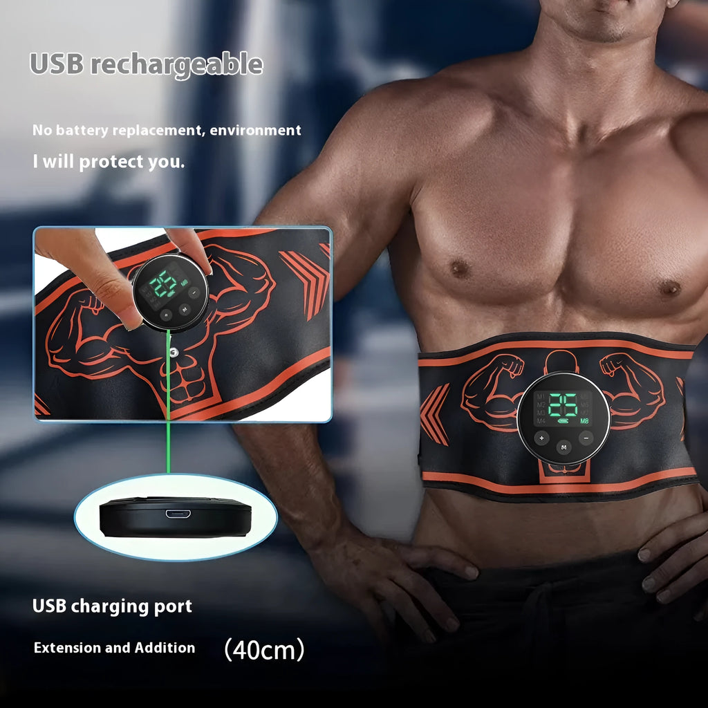EMS smart massage belt fitness equipment in blue and orange colours with rechargeable host unit