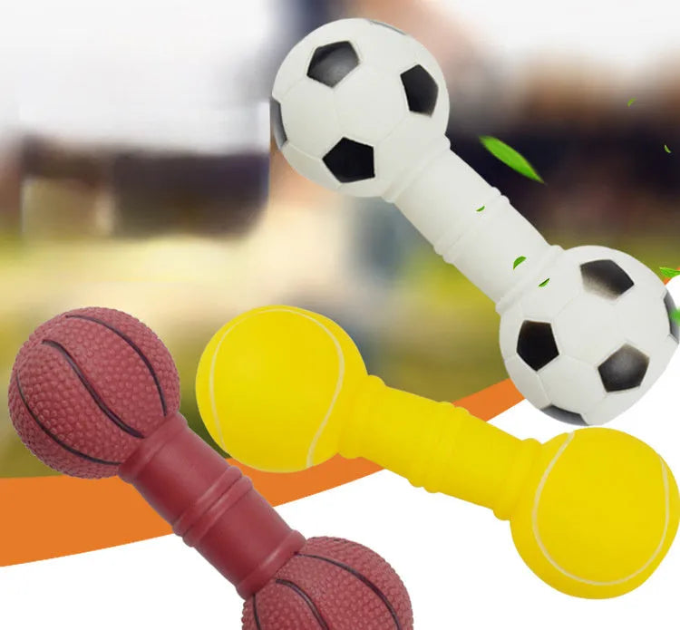 Brown, orange, white, and yellow PVC football dumbbell shaped squeaky dog chew toy
