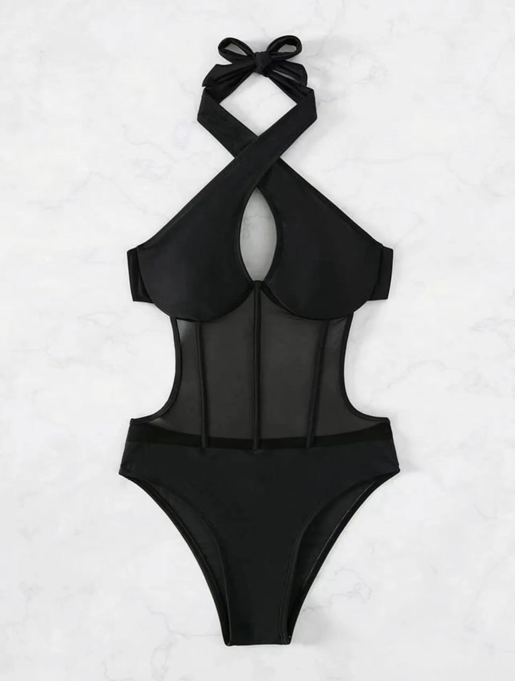 Women's black one-piece swimsuit bikini made from nylon and polyester spandex fabric