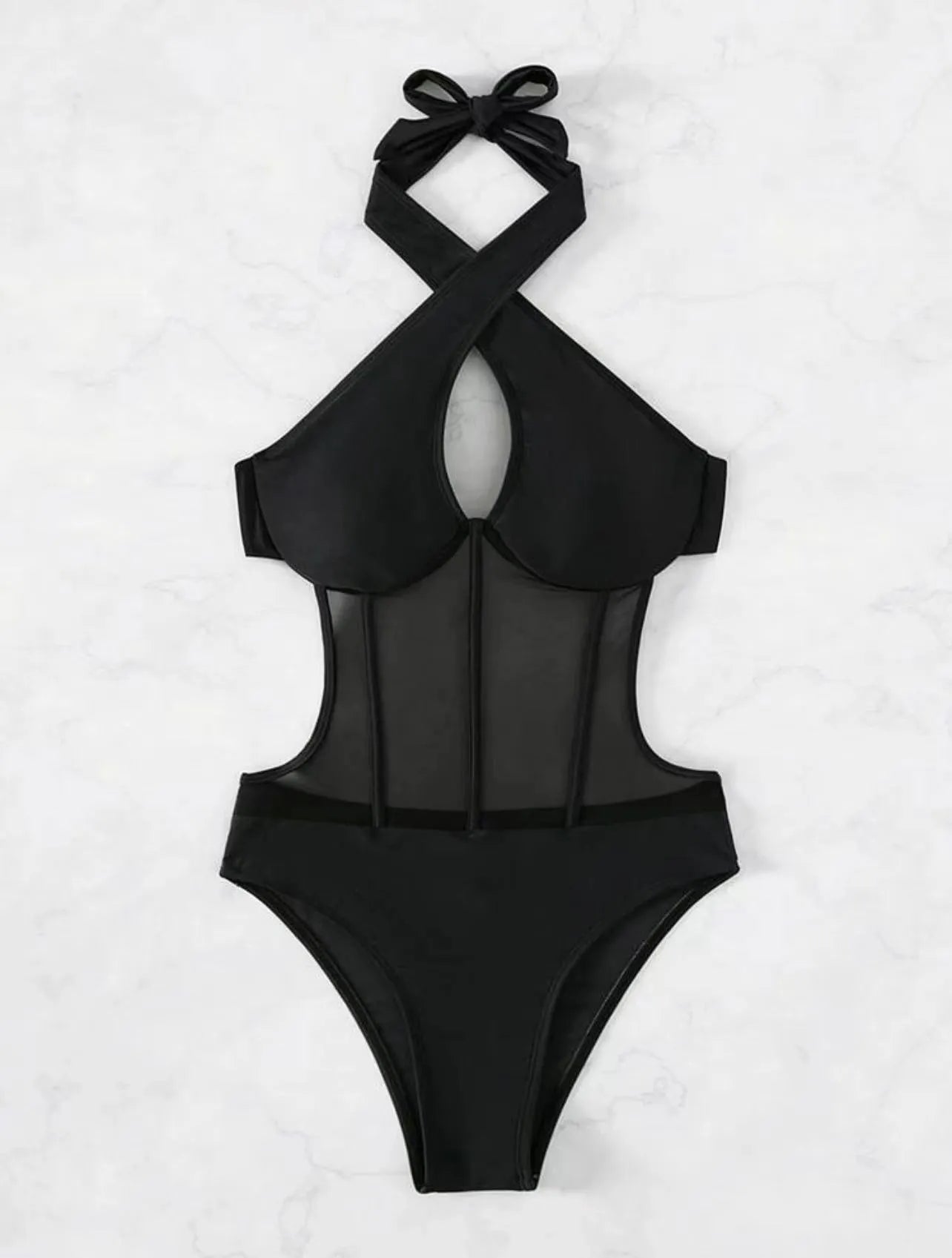Women's black one-piece swimsuit bikini made from nylon and polyester spandex fabric