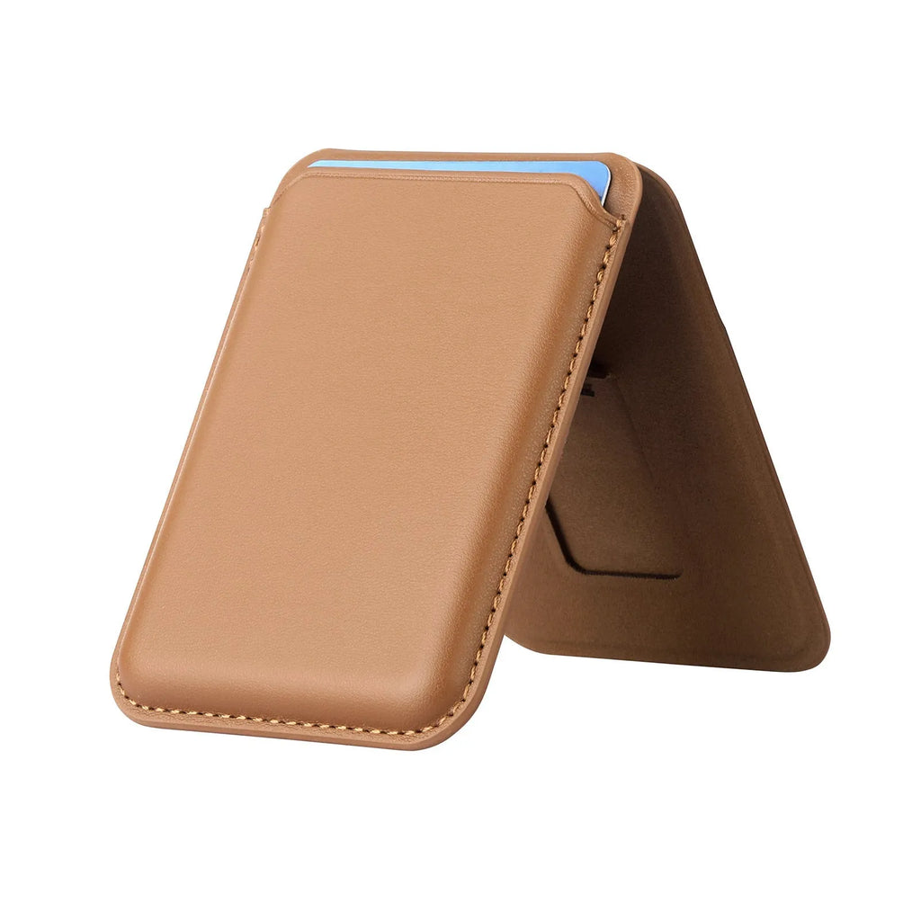 Magsafe magnetic card holder in dark blue with folding bracket stand on phone, imitation leather surface, 9.3x6.3cm