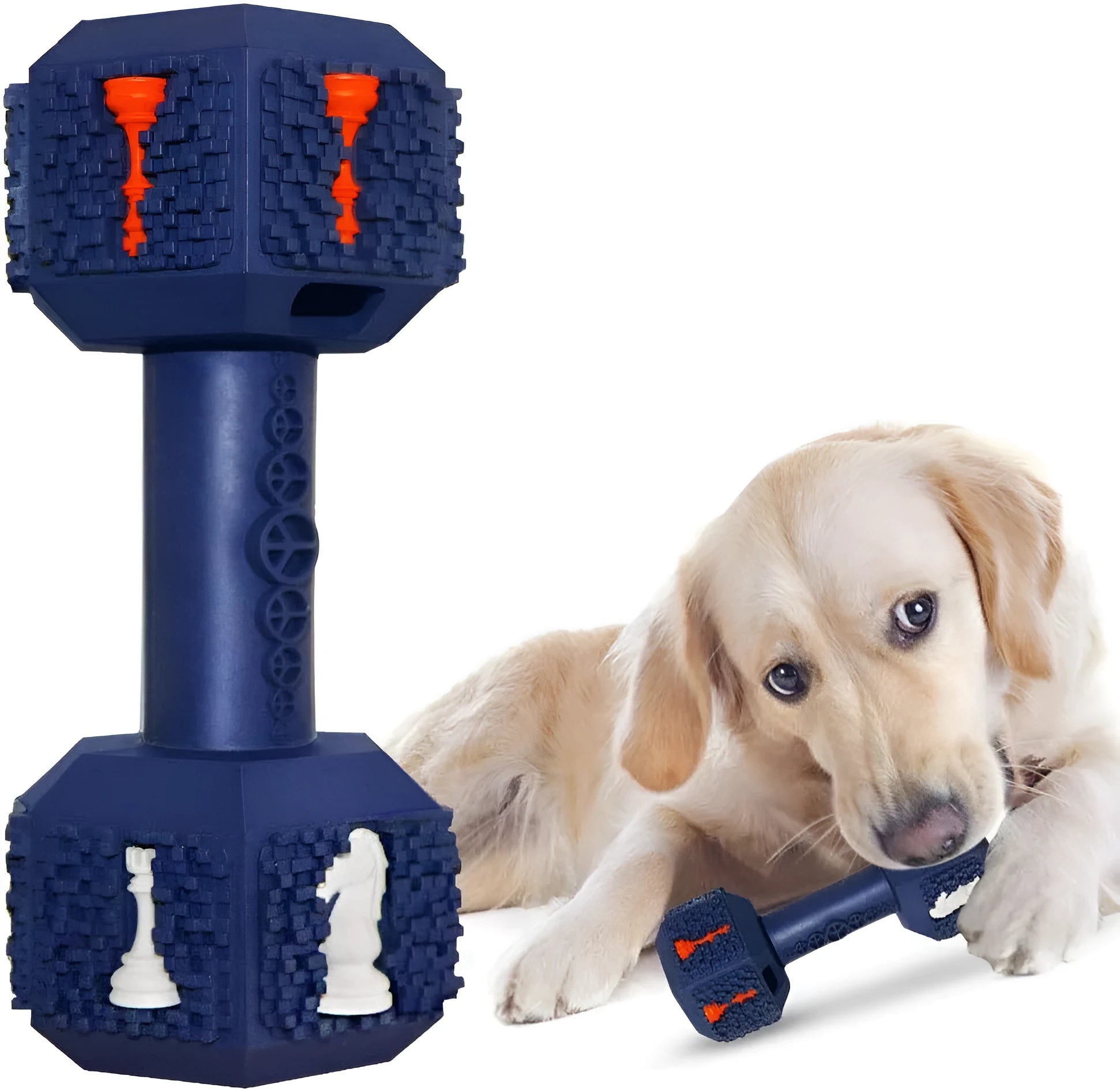 Black hollow dumbbell-shaped dog chew toy with textured ends on a plain background.