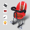 Front-mounted black child safety seat for an electric scooter, showing high carbon steel frame.