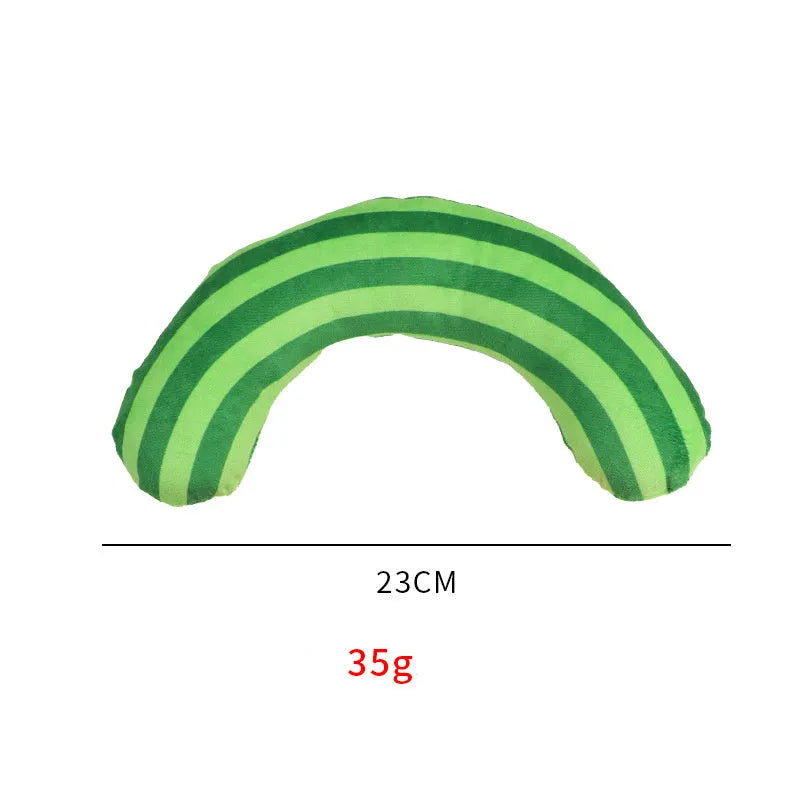 Striped pattern cat pillow toy with built-in noise maker and catnip strip measuring 23x20cm