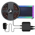 Smart Wi-Fi LED light strip coiled on a table, showing adhesive backing, with a smartphone displaying a control app nearby.