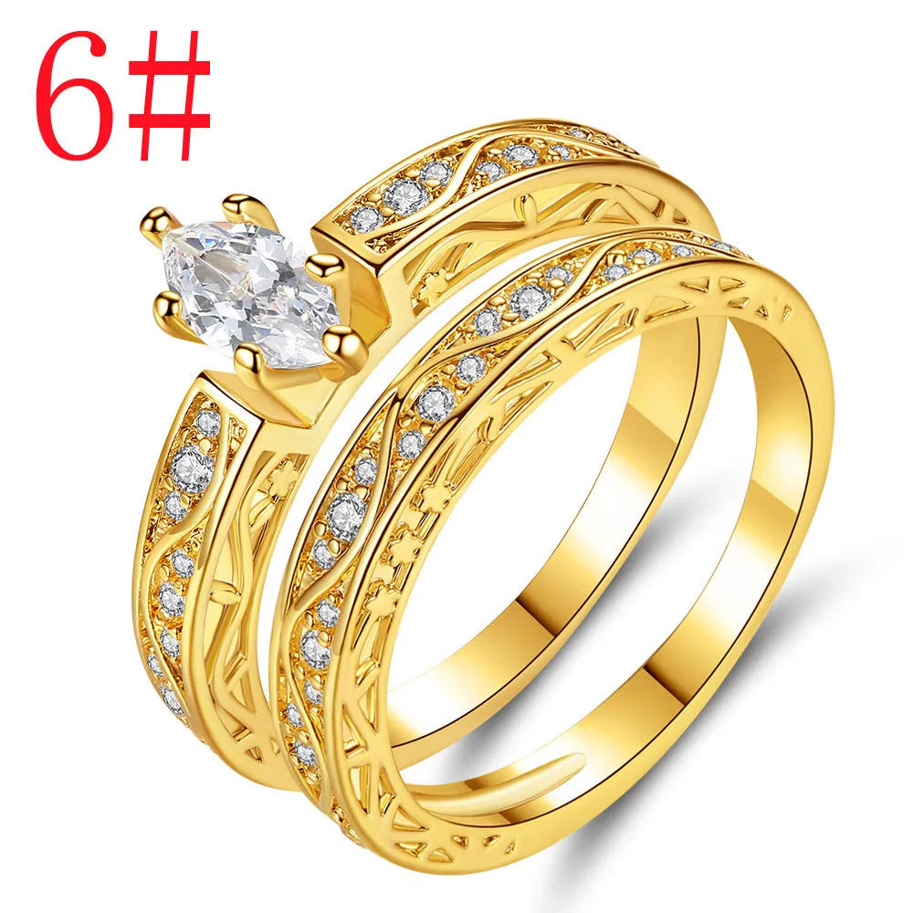 Pair of copper couple rings with horse eye zircon stone, geometric shape, electroplated finish, sizes 6-9