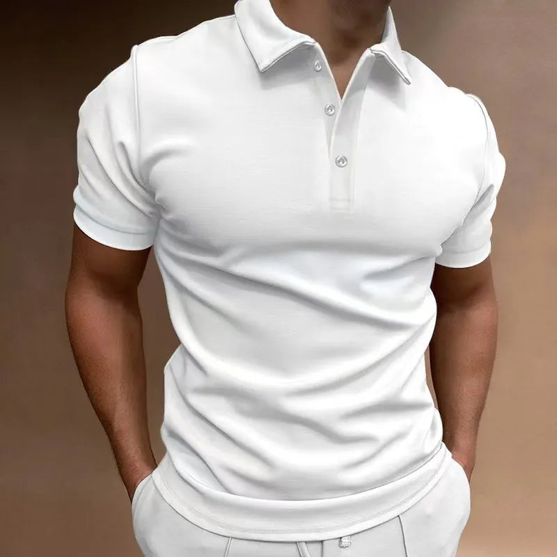 Men's button-front T-shirt in cotton blend fabric with spandex, loose fit with short sleeves