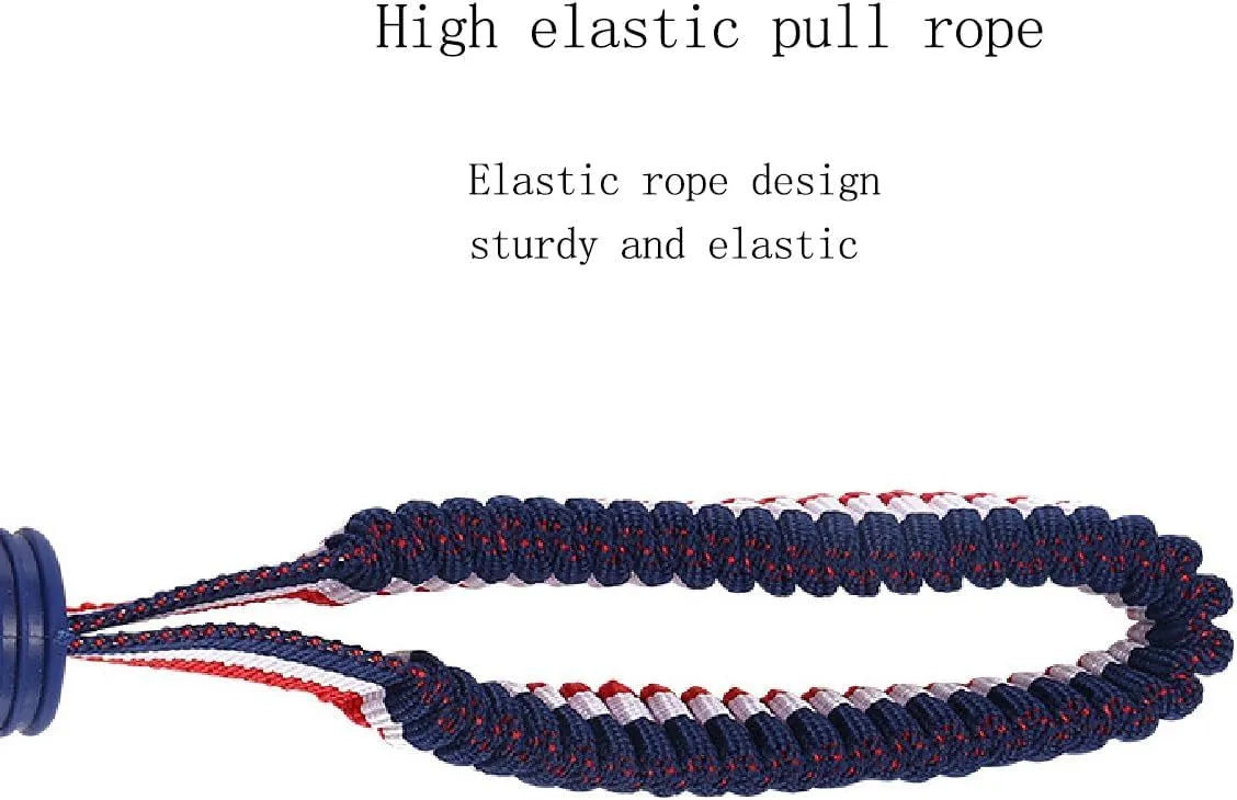 Blue dog toy with a textured rubber ball attached to a cotton rope, shown on grass.