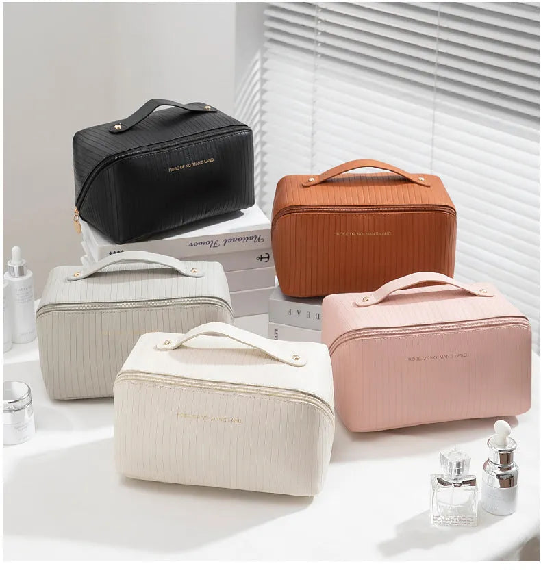 Vertical pattern cubic makeup bag in soft PU leather with 22.5cm by 12.5cm dimensions