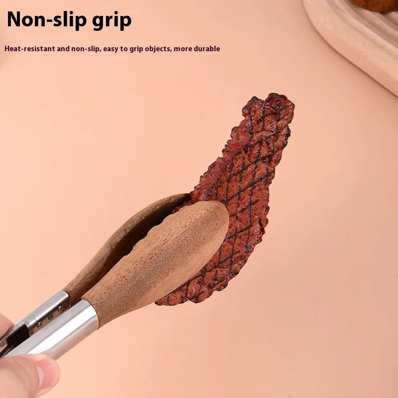 Stainless steel food tong with wood handle in walnut or acacia, 9 or 12 inch size option