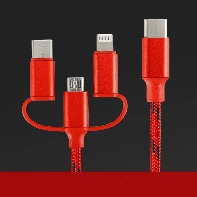 Three-in-one data cable with multiple connectors including Type-C and Micro USB, 1m length, grey colour