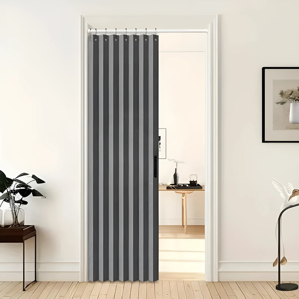 Water-repellent polyester folding door curtain in gray 100x200cm with hook and strap for bathroom
