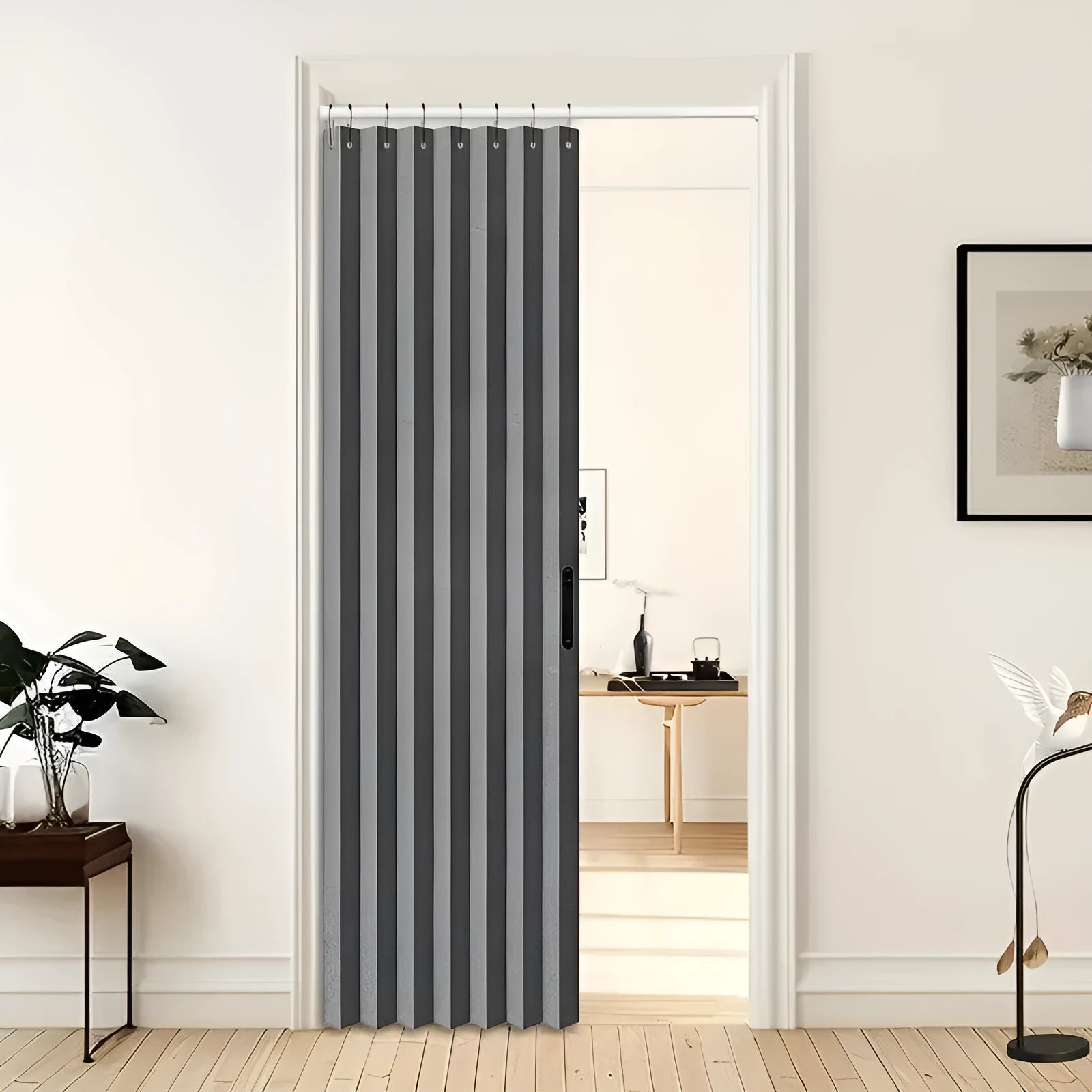 Water-repellent polyester folding door curtain in gray 100x200cm with hook and strap for bathroom
