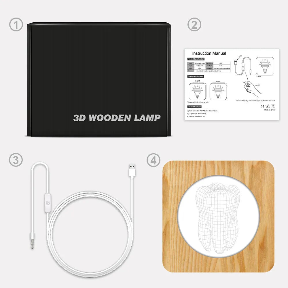 Tooth-shaped wood acrylic USB night lamp showing log colour finish and compact 190x190x30mm dimensions