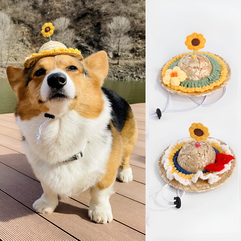 Pet cute hat headwear made from mixed cloth and grass, decorative straw hat for small and medium dogs