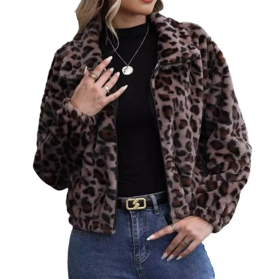 Women's leopard print plush coat with raglan sleeves and front zipper in street fashion style