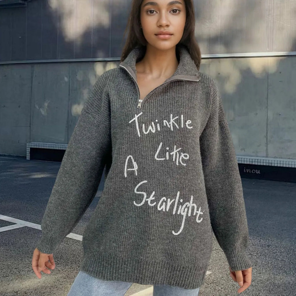 Women's light khaki alpaca wool pullover sweater with retro turtleneck and oblique zipper.