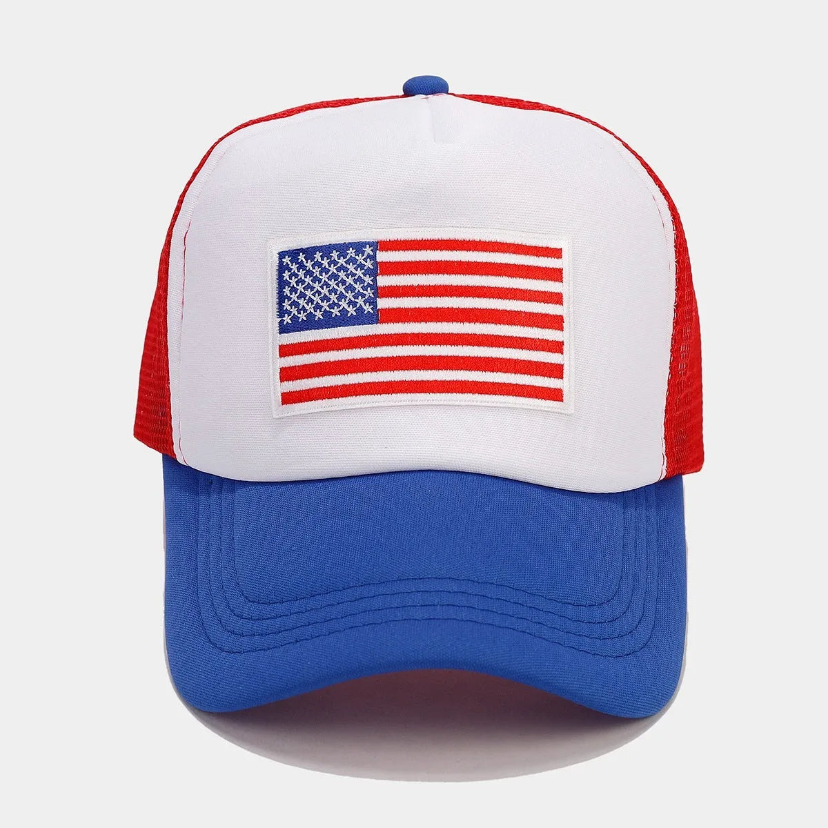 Red and blue contrast mesh adjustable baseball cap with breathable space cotton fabric and dome crown