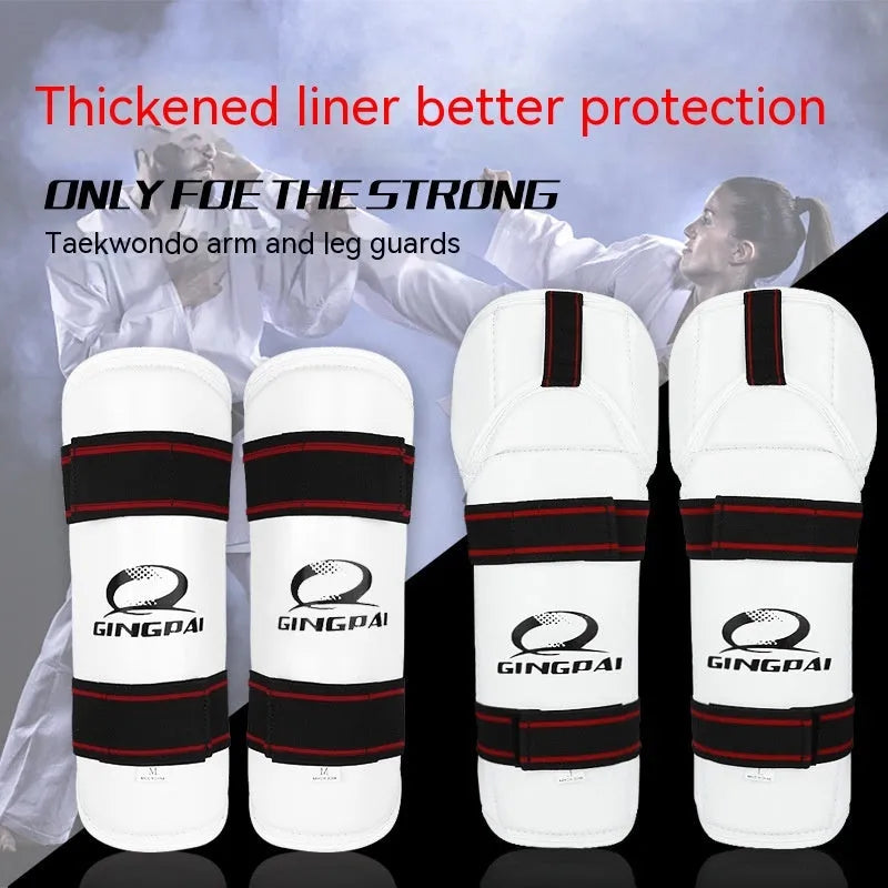 Taekwondo leg and arm protective gear set showing arm guards, leg protectors, and elbow guards