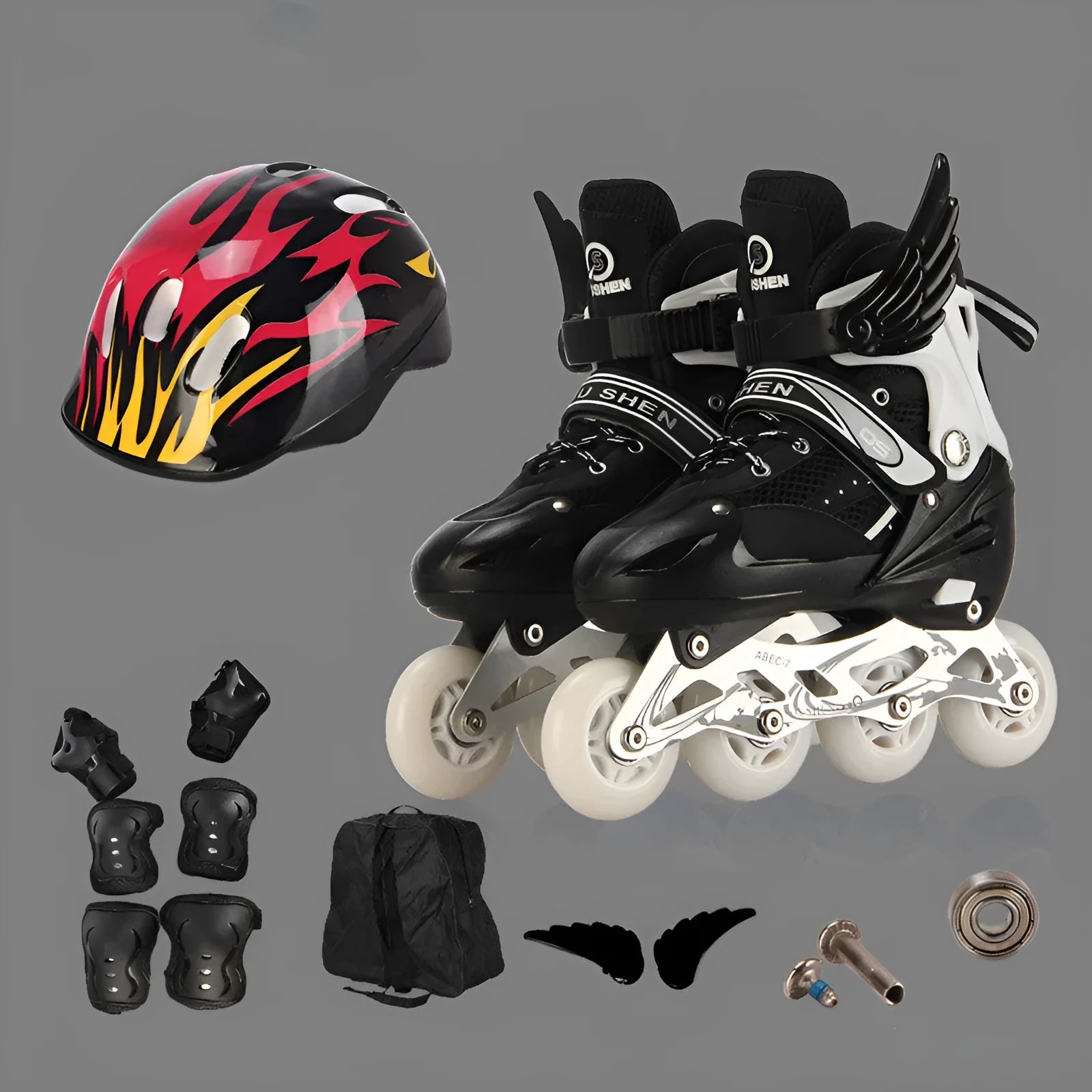 Children's adjustable roller skates with aluminium frame and PU foam wheels in various colours, shown with protective gear and backpack