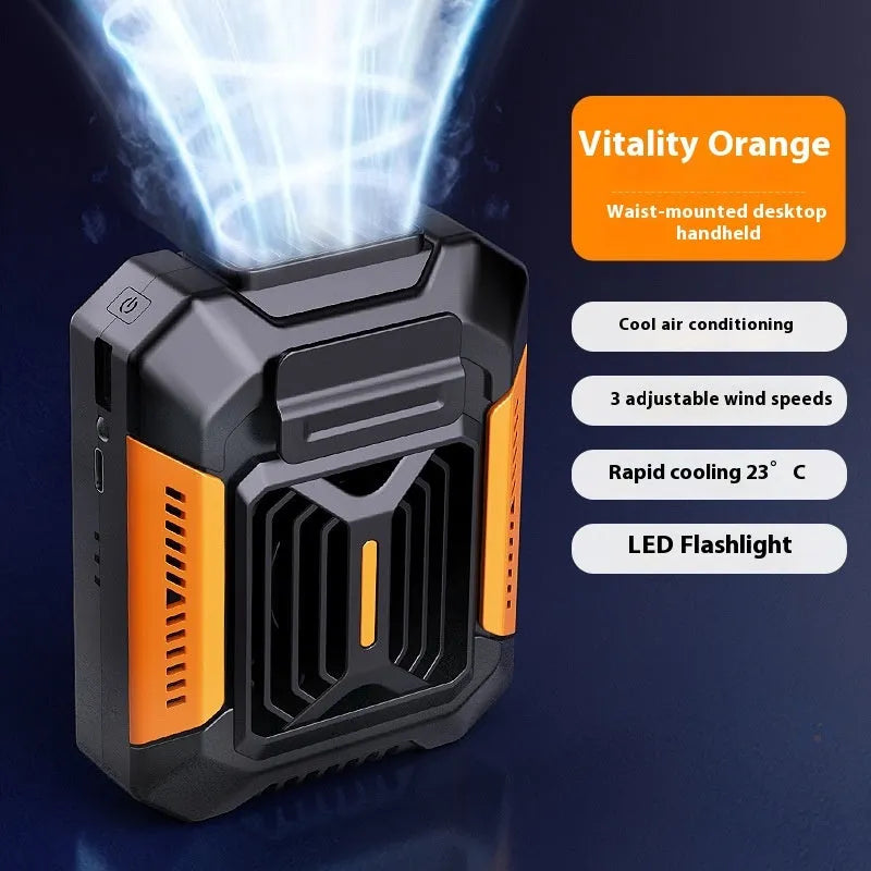 Green USB charging handheld fan with brushless motor, three speed settings, and lighting function on a desktop