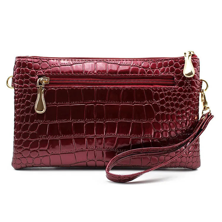 Women's PU shoulder messenger bag, horizontal square shape, 24cm width, in purplish red with soft finish and lining cloth