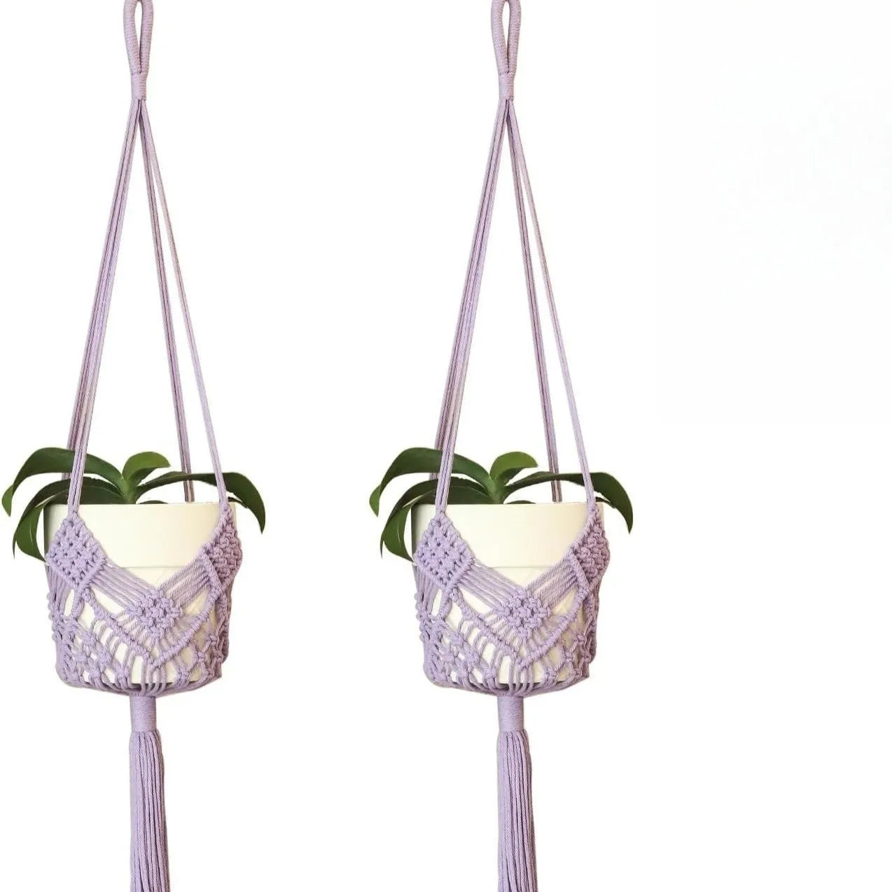 Hand-woven brown polyester cotton flower pot with net pocket cord holding a green plant.