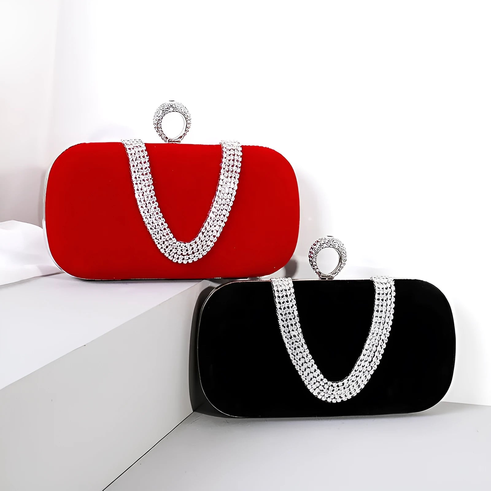 Small velvet clutch evening bag with rhinestones, lock closure, and detachable handle in black