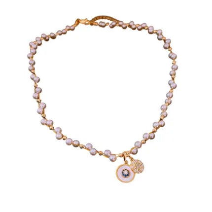 Gold plated zircon pearl round pendant necklace on clavicle chain with adjustable 41-50cm length